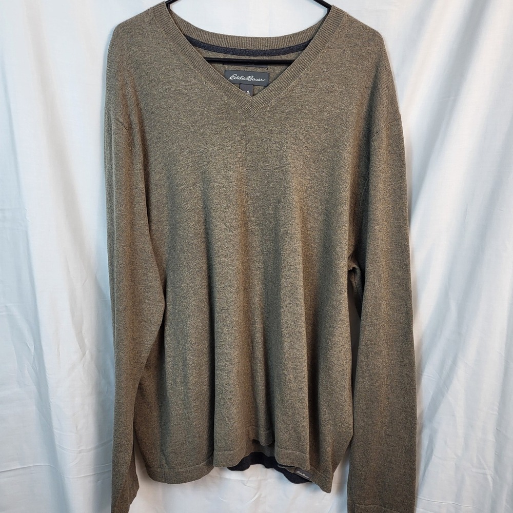 Eddie Bauer Mens XL V-Neck Sweater Cotton‎ Merino Wool Heathered Olive Brown